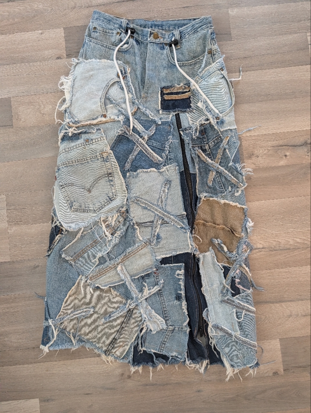 Patchwork Distressed Denim Skirt - Mixed Light & Dark Blue